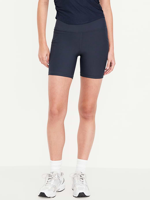 High-Waisted PowerSoft Pocket Biker Shorts -- 6-inch inseam - Dusk Navy