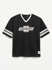 Licensed Graphic Cropped Mesh V-Neck T-Shirt - Black Spark