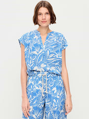 Short-Sleeve Crinkle Gauze Popover Top - Paradise Blue Print