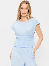 Linen-Blend Short-Sleeve Smocked Top - Sky Maintenance