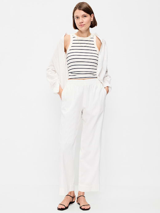 High-Waisted Linen-Blend Straight Ankle Pants - White Lilies