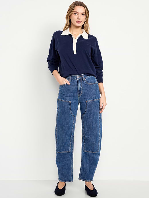 High-Waisted Baggy Barrel Utility Jeans - Abyss