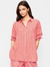 Linen-Blend Loose Button-Down Shirt - Orange Stripe