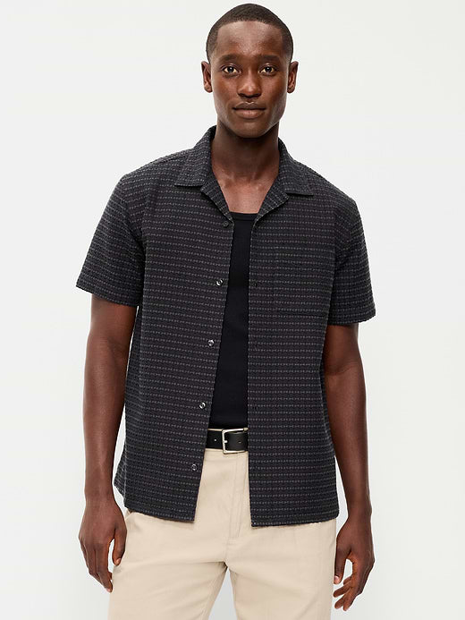 Short-Sleeve Textured Jacquard Camp Shirt - Black Jacquard