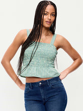 Smocked Peplum Tank Top - Green Gingham
