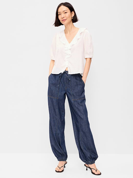 Mid-Rise Pull-On Utility Harem Denim Pants - Dark Wash