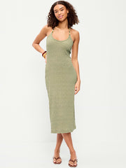 Beaded Halter-Neck Textured Midi Dress - Dried Grasses