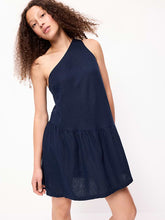 One-Shoulder Asymmetrical Linen-Blend Mini Dress - In the Navy