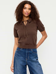 Tie-Front Seaside Cotton Pointelle Cropped Polo - Earthen