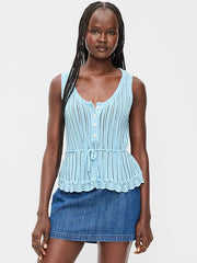 Seaside Cotton Pointelle Peplum Tank Top - Blue Tranquility