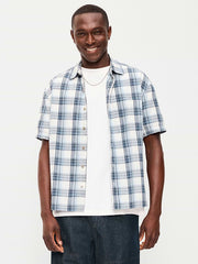 Loose Fit Textured Plaid Pocket Shirt - Blue Plaid