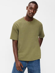 Loose Short-Sleeve Textured Waffle T-Shirt - Dill Caper Green
