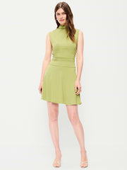 Gathered Mock-Neck Drop-Waist Mini Dress - Wasabi