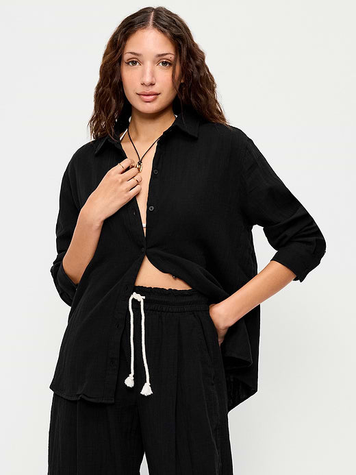 Open-Back Crinkle Gauze Button-Down Shirt - Black Jack