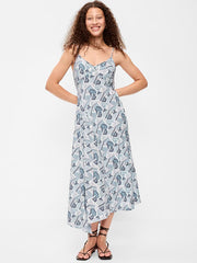 Fit & Flare Tie-Back Asymmetrical Midi Dress - Patchwork (Multi Blue)