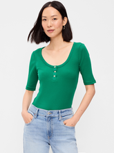 Scoop-Neck Fitted Henley Top - Rainforest Jewel