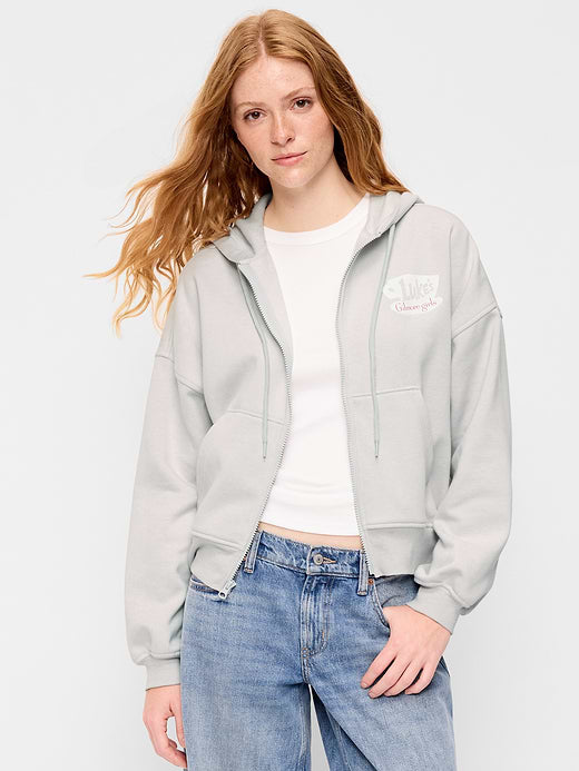 Oversized Full-Zip Graphic Hoodie Sweatshirt - Light Gray