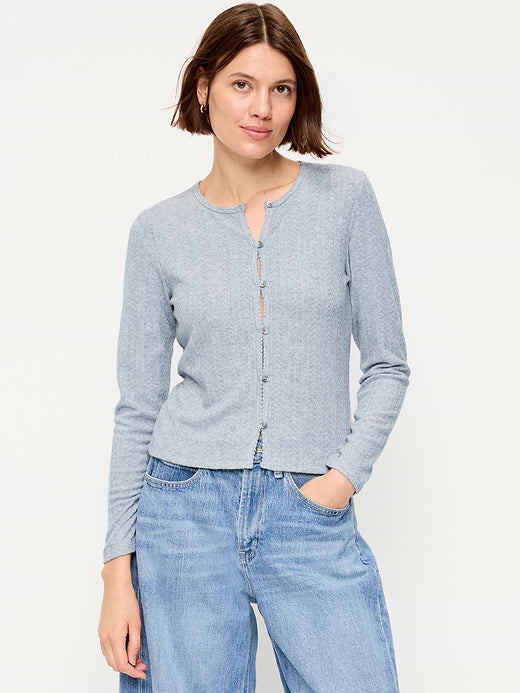 Long-Sleeve Button-Front Pointelle Top - Medium Heather Gray