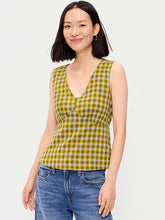 Sleeveless V-Neck Tie-Back Top - Green Plaid