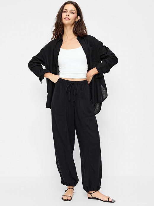Mid-Rise Linen-Blend Cinched-Ankle Pants - Black Jack