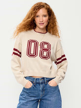 SoSoft Cotton Jacquard Crew-Neck Cropped Sweater - Letters/Numbers