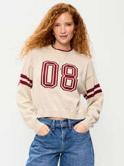 SoSoft Cotton Jacquard Crew-Neck Cropped Sweater - Letters/Numbers