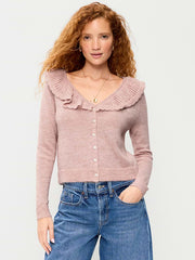 Ruffle-Collar Wool-Blend Pointelle Cardigan - Powder Pink