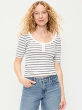 Fitted Scoop-Neck Henley T-Shirt - Navy Stripe