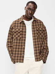 Long-Sleeve Heavyweight Plaid Flannel Pocket Shirt - Brown Check