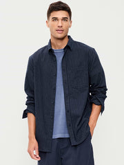 Relaxed Long-Sleeve Flannel Pocket Shirt - Navy Stripe