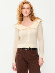 Ruffle-Collar Wool-Blend Pointelle Cardigan - Crème De La Crème