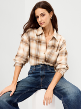 Oversized Button-Down Boyfriend Flannel Shirt - Neutral Plaid