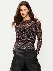 Long-Sleeve Asymmetrical Unlined Mesh Top - Multi-Floral Top