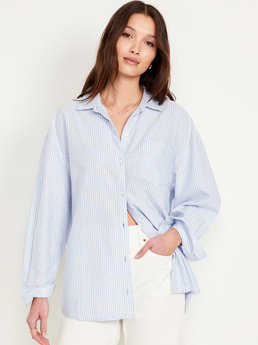 Oversized Button-Down Boyfriend Shirt - Blue Stripe
