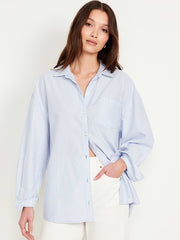 Oversized Button-Down Boyfriend Shirt - Blue Stripe