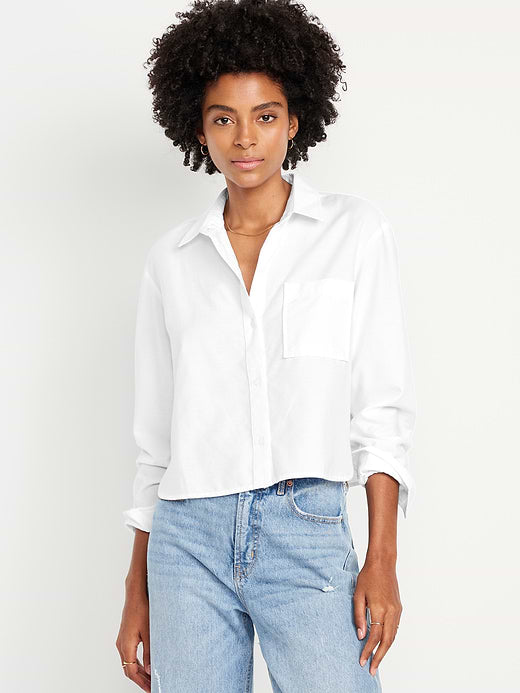 Cropped Button-Down Oxford Shirt - White