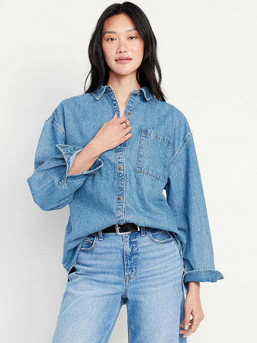 Oversized Boyfriend Button-Down Jean Shirt - Light Wash