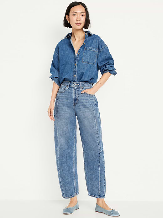 High-Waisted Baggy Barrel Ankle Jeans - Medium Wash