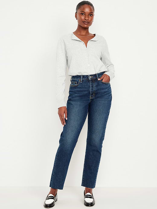 Curvy High-Waisted OG Straight Button-Fly Ankle Jeans - Dark Wash Cutoff