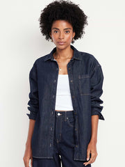 Oversized Boyfriend Button-Down Jean Shirt - Dark Wash