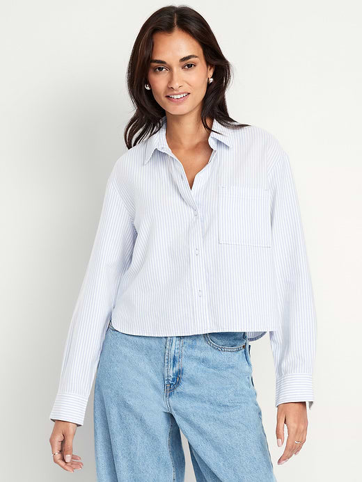 Cropped Button-Down Oxford Shirt - Blue Stripe