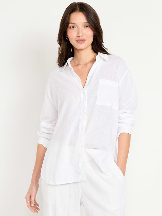 Linen-Blend Loose Button-Down Shirt - White Lilies