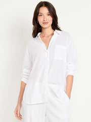 Linen-Blend Loose Button-Down Shirt - White Lilies