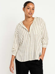 Linen-Blend Loose Button-Down Shirt - Neutral Stripe Top
