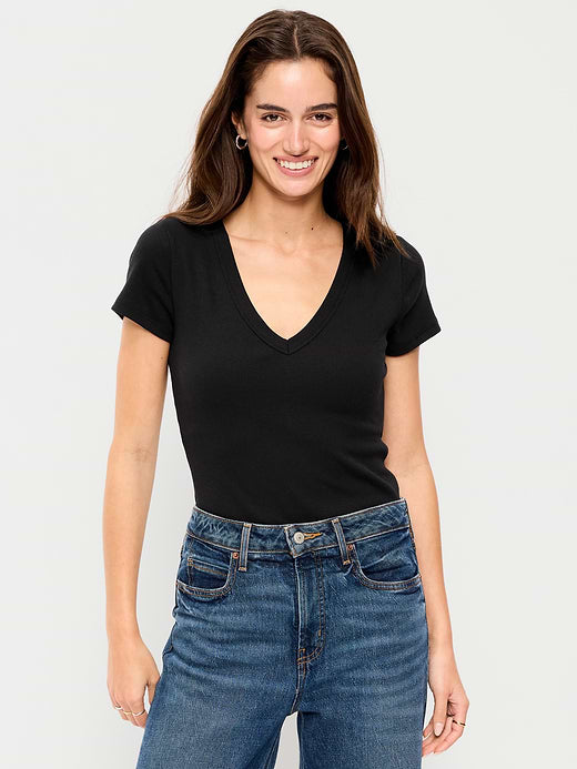 Snug Crop V-Neck Ribbed T-Shirt - Light Black Heather