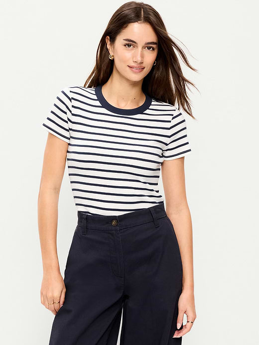 Snug Crop Ribbed T-Shirt - Navy Stripe