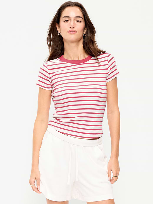 Snug Crop Ribbed T-Shirt - Red Stripe