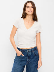 Snug Crop V-Neck Ribbed T-Shirt - Light Gray Heather
