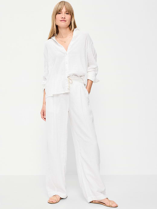High-Waisted Crinkle Gauze Barrel Ankle Pants - White Lilies