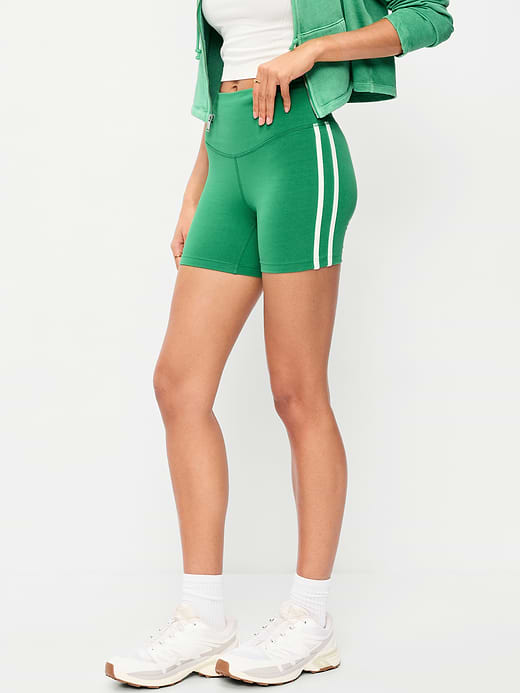 High-Waisted PowerChill Side-Stripe Biker Shorts -- 5-inch inseam - Emerald Pigment